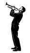© Rusith - Stylish black and white graphic of male jazz musician playing trumpet, full body side view isolated on white background, celebrating music
