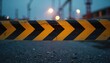 © Vadym - Yellow, black caution tape marks danger area. Barrier indicates restricted access on construction site. Evening urban industrial landscape blurred background. Safety warning sign protecting forbidden