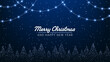 © hiten666 - Blue Merry Christmas background with hanging string light and sparkly tree silhouettes. Modern holiday greeting card design for New Year celebration.