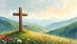 © Vadym - Wooden cross stands on flower filled grassy hill. Distant rolling mountains spread under soft sky. Peaceful landscape shows faith, hope, spiritual calm, nature quiet beauty. Tranquil scene.