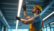 © Vadym - Electrician installs lighting in modern office. Technician wears helmet, gloves. Specialist works with led lamp. Worker fixes electrical equipment, improves workplace with modern light solution.