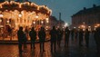 © David - Brightly lit vintage carousel glows warmly on a snowy winter evening as people gather in a festive town square to enjoy the magical holiday atmosphere