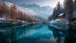 © Skoles - Snow-covered mountains reflect in the clear water of a lake surrounded by trees and an old wooden cabin in a quiet landscape during winter