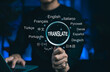 © Supatman - Translation and Multilingual Communication Concept. A magnifying glass highlights the word 'Translate,' surrounded by names of multiple languages, multilingual translation, and global communication.
