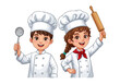 © Thomas - Happy caucasian boy and girl chefs in chef's attire, holding spoon/rolling pin, smiling on transparent background with copy space, concept of children's cooking education
