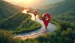 © Pete - Winding road goes through vibrant green hills at bright sunrise. Many red location pins mark specific points along journey path. Shows map, navigation, progress, future destination concept, planning