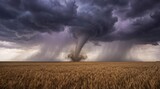 A powerful tornado touches down in a rural wheat field under a dark supercell storm. Dramatic severe weather landscape with lightning and rain. Natural disaster and the force of nature concept