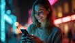 © Pete - Young woman smiles looking at phone screen. Uses mobile phone in bright colorful bokeh light city street at night. Happy female person enjoys modern tech device, social media apps in urban setting.