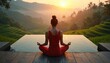 © Pete - Woman meditates in lotus pose at sunset overlooking rice terraces. Calm serene scene with gold sunlight and a tranquil water pool. Peaceful Bali landscape in natural setting.
