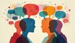 © Pete - Abstract people silhouettes with colorful speech bubbles overhead. Represent diverse communication, ideas. Minds connect sharing thoughts in varied languages. Art shows understanding across cultures.