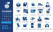 © Ella - Set of 20 modern courier vector icons including package upload, verified, return, and service tools in filled and outline styles. Perfect for logistics, shipping, and business projects