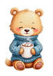 © Svetlana - Niedlicher Teddy Illustration in gemütlicher Winterstimmung, sitzend mit heißer Schokolade und Marshmallows, PNG isoliert auf transparentem Hintergrund