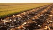 © DigitalSpace - Medium frame capturing an expansive open field where mulched plant debris is evenly spread demonstrating effective ground cover and soil protection.