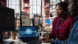 © DC Studio - Call center coworkers in office helping customers regain access to accounts using AI, resetting passwords. Colleagues in customer center assisting clients needing help using artificial intelligence