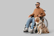 © Pixel-Shot - Blind young man in wheelchair with guide dog on grey background
