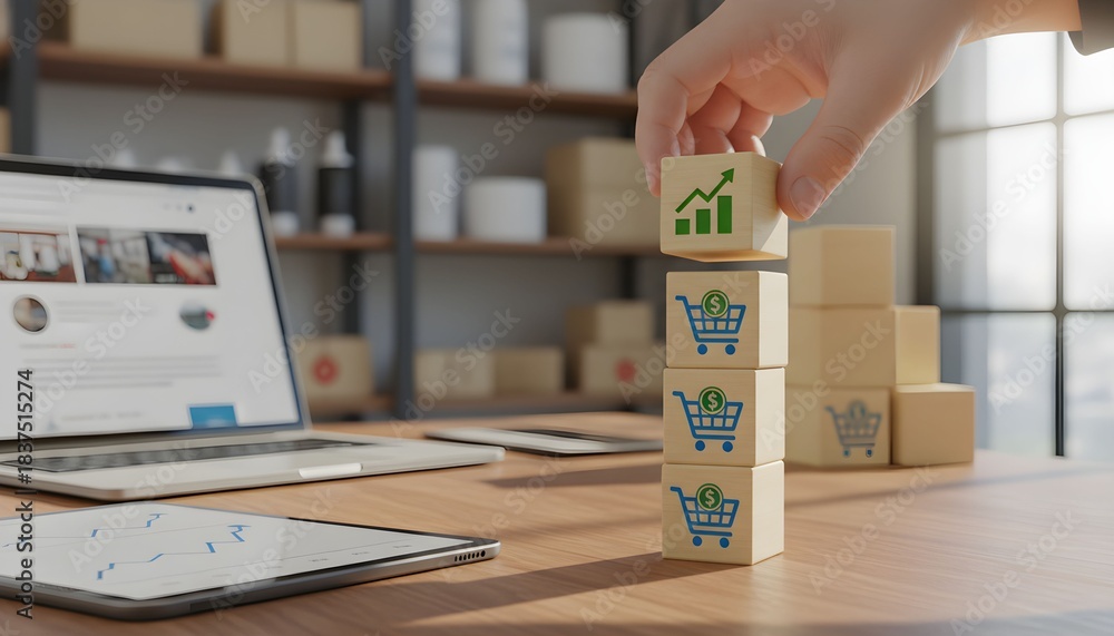 Hand stacking wooden blocks with shopping cart and growth chart icons ...