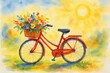 © Jafree - Watercolor illustration of a red bicycle with a basket of colorful flowers on a sunny spring day. concept of outdoor adventure, cheerful art, springtime joy