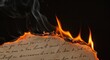 © Sergiy - An old piece of parchment paper with elegant handwritten script is actively burning from the edges, producing bright orange flames and wisps of smoke against a mysterious dark background.