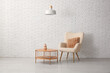 © Pixel-Shot - Stylish armchair with wooden table and hanging lamp near white brick wall in living room