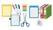 © Bang - Stationery set notepad pens binders sticky notes clipboard scissors and paper clips on a white background