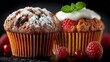 © Armando - Two muffins one with powdered sugar and one with cream and raspberries.