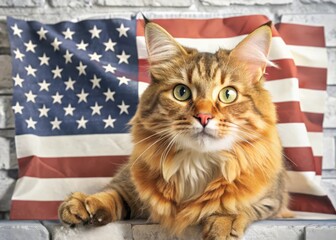  A majestic feline bursts through a wall in celebration of freedom and patriotism, its fur ruffled by the excitement