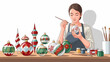 © Navz - A woman meticulously hand-painting festive Christmas ornaments with intricate designs on a wooden table, surrounded by various finished and unfinished decorations.