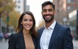 © li - Young happy smiling professional office team of two diverse confident female and male partners business people man and woman standing outdoors on city street looking at camera, corporate portrait.