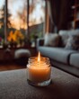 © grey - A lit candle in a glass jar placed on a table with a warm, softly blurred living room in the background.