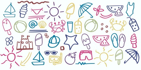 Naklejka na meble Colorful hand-drawn summer doodle icons featuring beach elements, sun, ice cream, watermelon, crabs, sailboats, flip-flops, drinks and fun vacation symbols. Perfect for design, stickers and patterns.