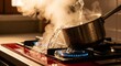 © Margarita Ratatosk - Water pouring into pot on gas stove causing large steam and flame interaction for fire safety concept at home.