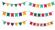 © Maria - Collection of colorful hanging party bunting flag banners with various patterns for birthday, festival, and celebration decorations.