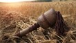 © Kuma - flail. An old, worn flail discarded in a wheat field with textured wood and leather. safety posters, maintenance manuals, designed for precision metalworking and fabrication facilities.