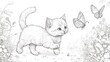 © Sinechana - 108.A delightful, line-drawn illustration of a kitten chasing a butterfly in an open meadow. The kittenâ€™s fluffy tail sways in the air, and the butterfly floats in a playful dance, surrounded by