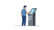 © Enative - Man interacting with an electronic kiosk, touching the screen, in blue and grey color scheme on white background