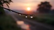 © Thares2020 - Dewdrops glisten on a slender tree branch illuminated by the soft warm hues of a misty sunrise creating a tranquil natural scene
