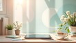 © Prateek - A pastel-themed home office setup featuring a digital tablet on a desk, surrounded by soft-colored sticky notes, gentle abstract shapes in the background, small indoor plants, and a cup of warm tea.