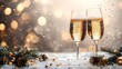 © Siduu - Two champagne glasses clinking together, with golden bubbles splashing, representing a celebratory toast, isolated on a white background for festive moments and New Year's Eve.