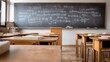 © ЮРИЙ ПОЗДНИКОВ - Classroom setting with wooden desks and colorful notebooks, wide angle view toward chalkboard filled with mathematical equations and educational materials