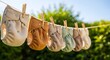 © antuanetto - Eco cloth diapers hanging outside on a sunny clothesline, symbolizing sustainable natural parenting and an ecology living concept.