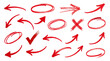 © AB STOCKER - Extensive collection of hand-drawn red brush stroke elements including various arrows, circles, check marks, and X-marks for highlighting, correcting, and pointing