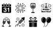 © Zavivec - New year celebration icons set featuring fireworks, champagne glasses, gift box, party balloons, festive calendar date 31 and holiday elements in bold black silhouette design for seasonal graphics