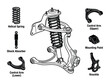 ©  MVectors - Automotive suspension parts. Helical spring, shock absorber, control arms, and knuckle. Vehicle components. Mechanical diagram.