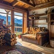 © Camar - Cozy wooden cabin interior with stacked firewood, a window framing a scenic mountain view, and a small, rustic sofa