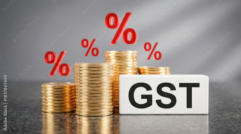 Stacks of golden coins with GST sign and percentage symbols ...