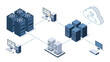 © Skyframe - A detailed isometric illustration depicting a modern enterprise network where server racks, workstations, and storage units connect to a cloud system via digital data links