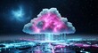 © graphicview35 - Digital cloud computing concept with glowing pink and blue data streams connecting to a futuristic network landscape under a starry night sky