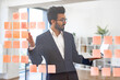 © sofiko14 - An Arabian businessman is working on a project with sticky notes and a laptop in a modern office setting