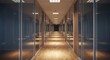 © sajibul35 - A long corridor with glass walls and wooden floors stretches into the distance, illuminated by ceiling lights, creating a sense of depth and perspective