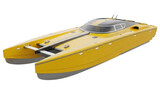 Isolated yellow powerboat catamaran motor yacht speedboat on a neutral backdrop, 3D rendering